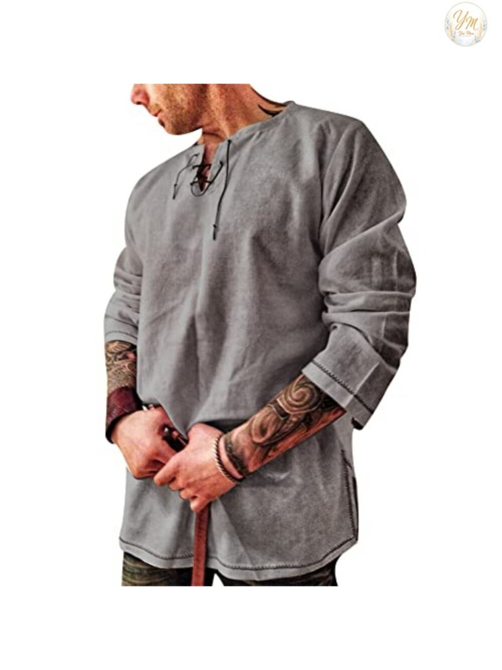 Men's Cotton Linen Long Sleeve Drawstring Collar Shirt Medieval Viking Tunic